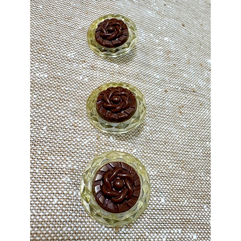Vintage 1940s Clear Lucite Brown Rosette Coat Buttons Set of 3 Sewing Craft